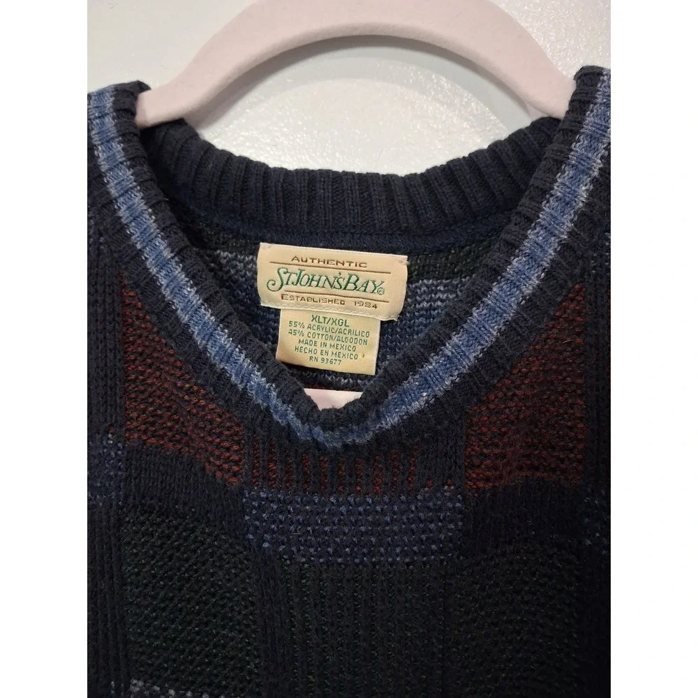 St Johns Bay Mens XLT Tall Crewneck Sweater Navy Burgundy Block Knit Vintage
